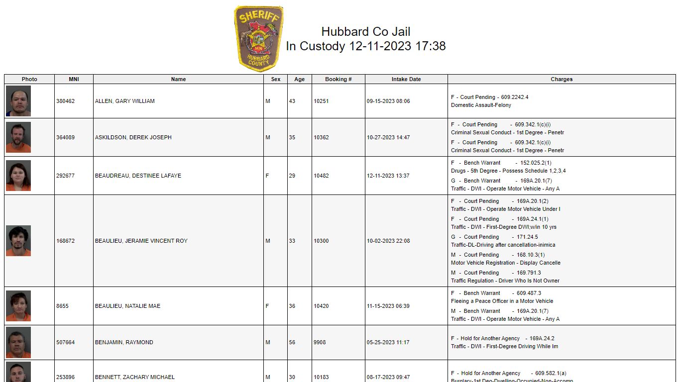 Custody - Hubbard County, Minnesota